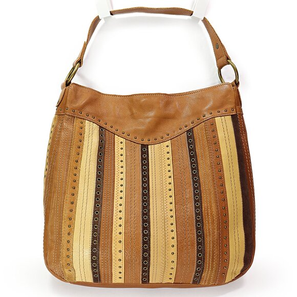 Fossil Leather & Suede Striped Hobo Bag Studded Riveted Brown & Tan Shoulder Bag - Picture 2 of 12